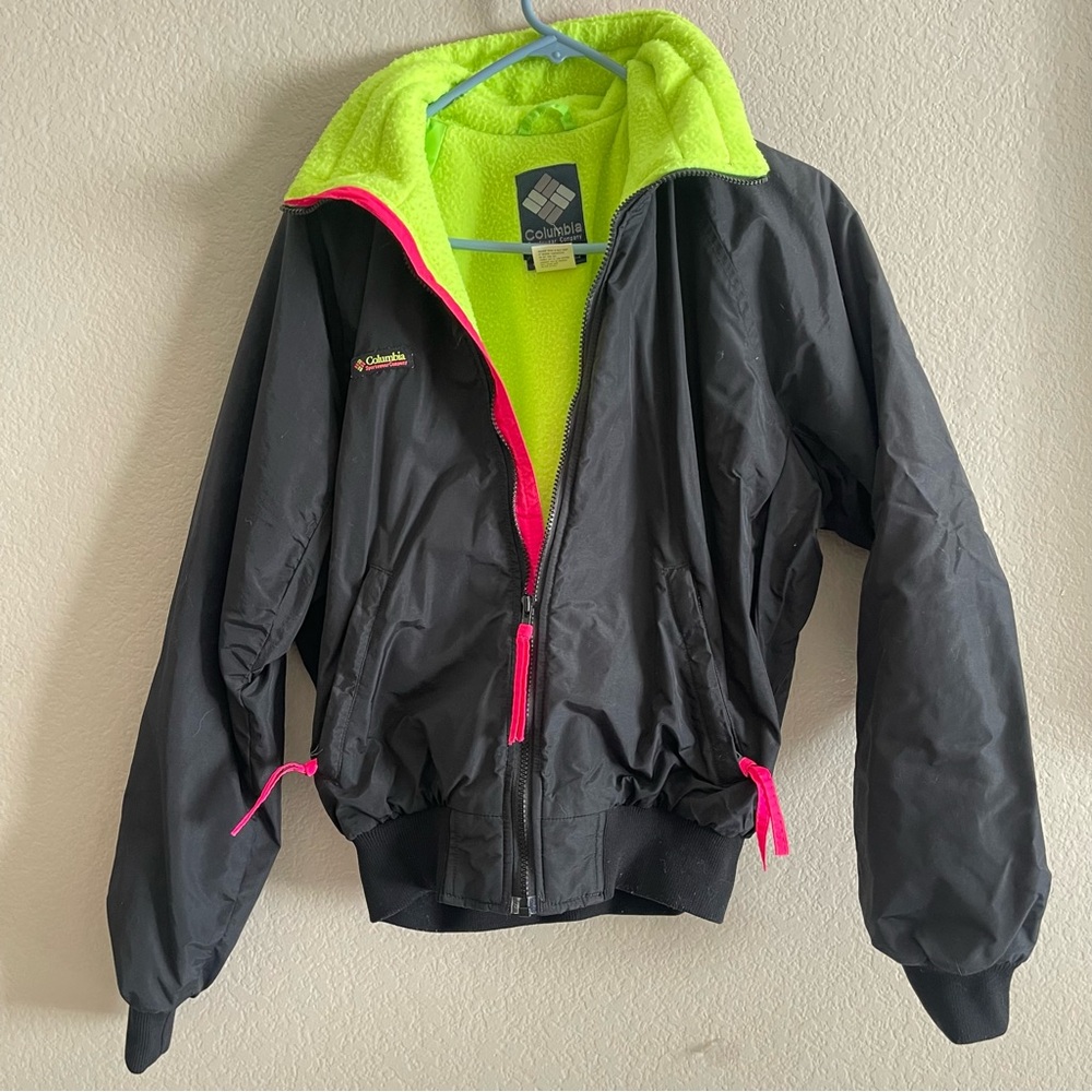 Vintage Columbia men’s windbreaker fleece jacket size small black green pink